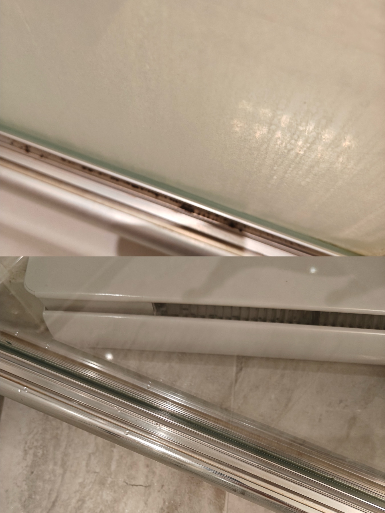 Before and after cleaning a glass shower door track